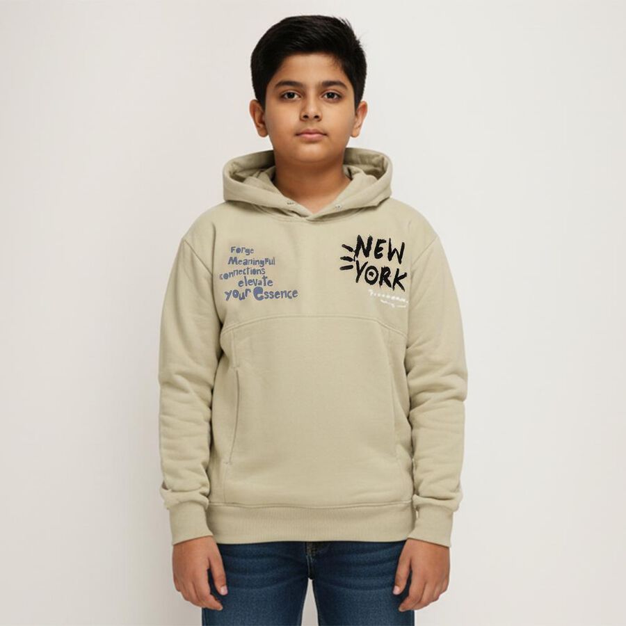 Boys Muted Olive Green Hooded Neck Casual Sweatshirt, ओलिव, large image number null