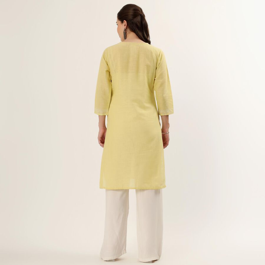 Women's Yellow 100% Cotton Round Neck Textured Kurta, पीला, large