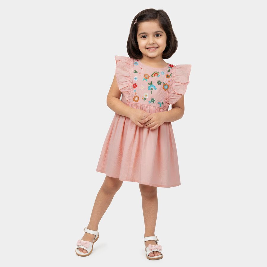 Girls' Peach Cotton Embroidered Ruffle Sleeve Frock, पीच, large