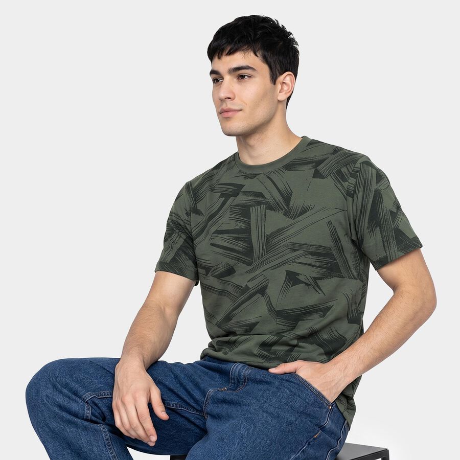 Men's Olive Green Round Neck Regular T-Shirt, हल्का हरा, large