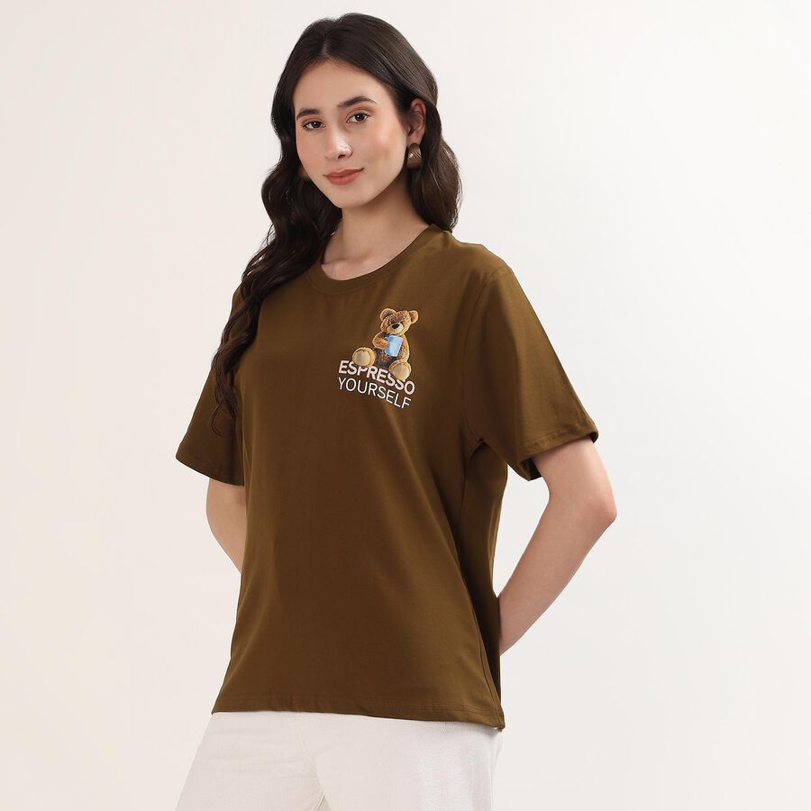 Women's Olive 100% Cotton Round Neck Minimalist T-Shirt, Olive, large