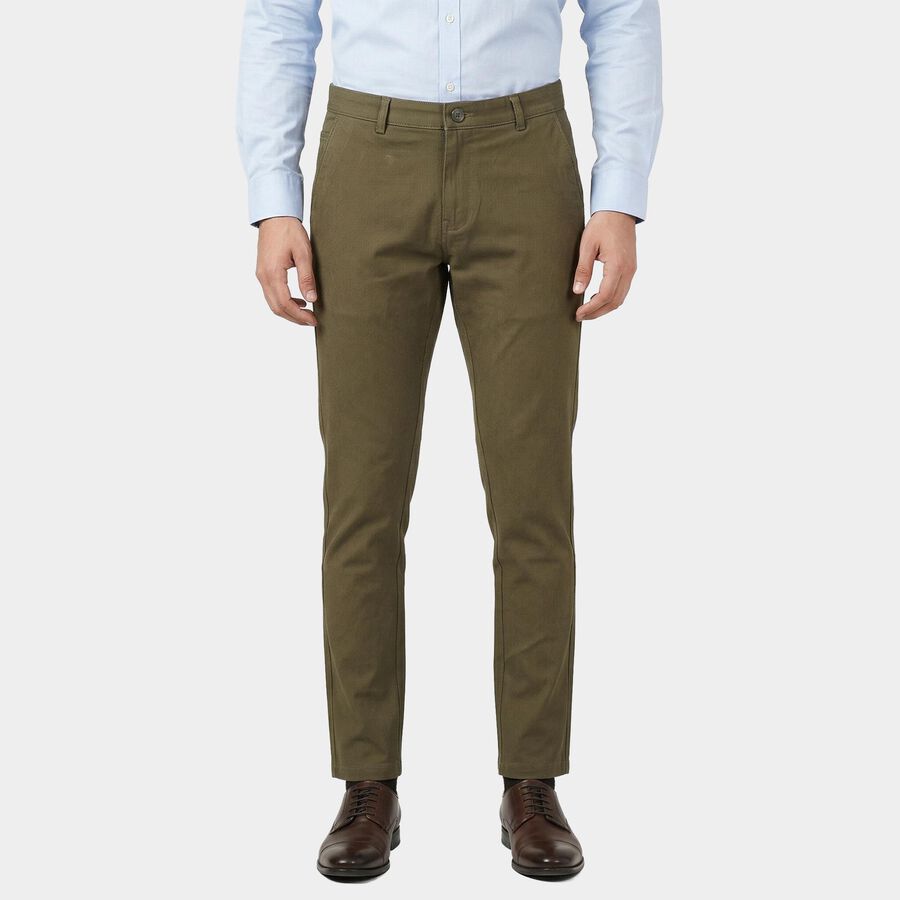 Men's Olive Green Slim Fit Casual Trousers, Olive, large