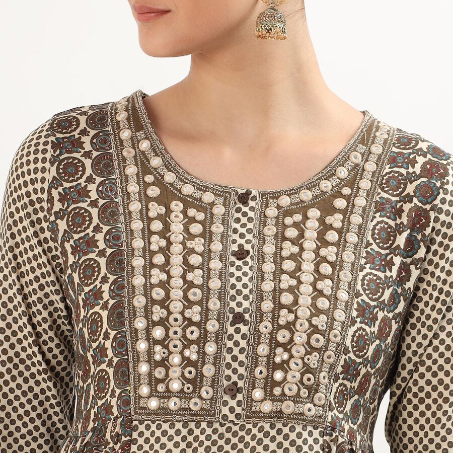 Women's Beige Round Neck Printed Kurta, Beige, large image number null
