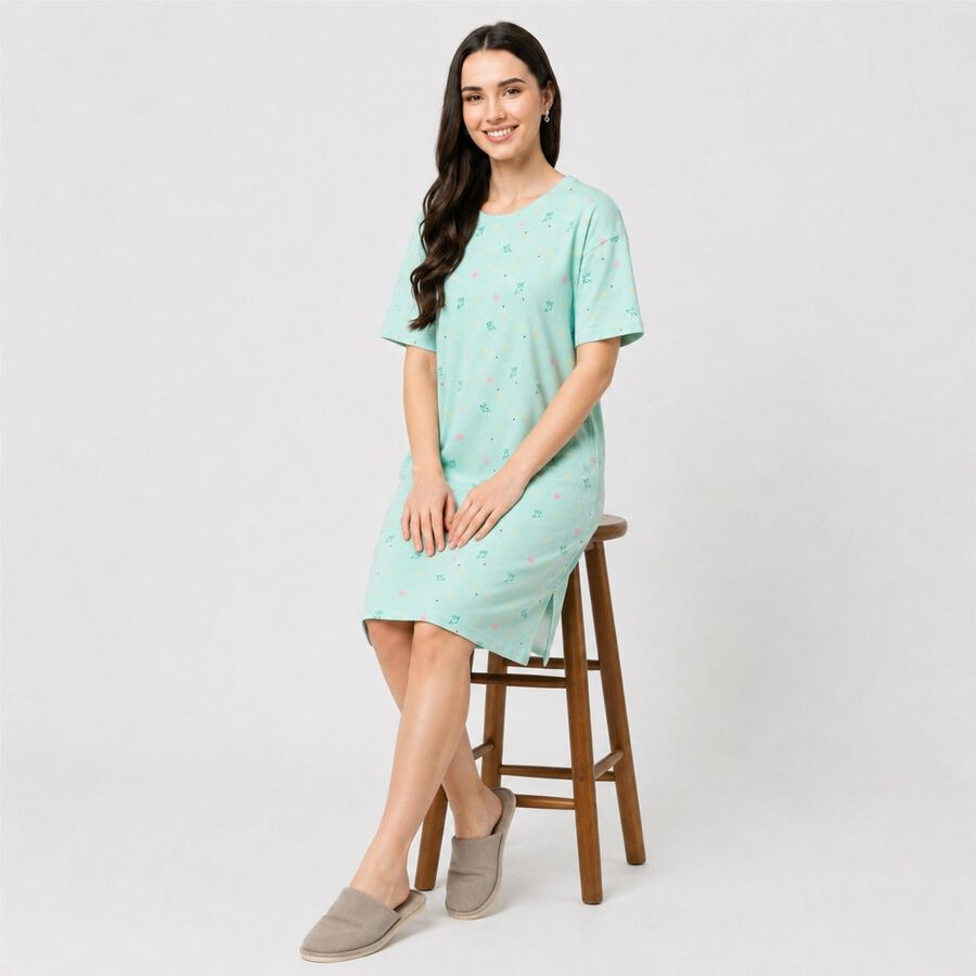 Women's Mint Green Round Neck T-Shirt Style Nighty, Light Green, large