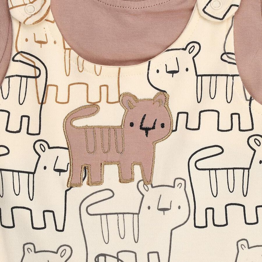 Infants' Beige Cotton Round Neck Cartoon Print Baba Suit, Beige, large