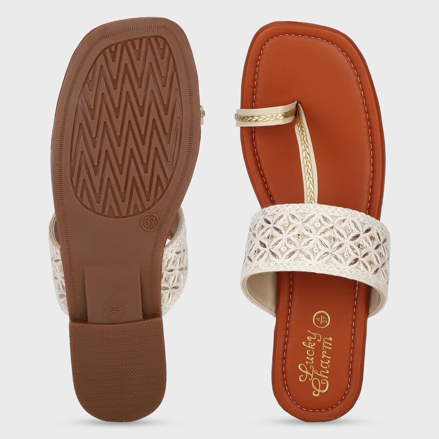 Women's Beige Toe-Ring Slip-On Flat Sandals, Beige, large