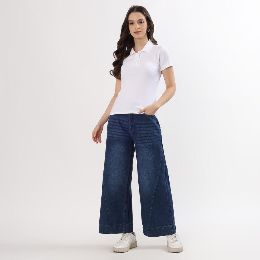 Women's Deep Indigo Wide Leg High Waist Jeans, मध्यम नीला, large image number null