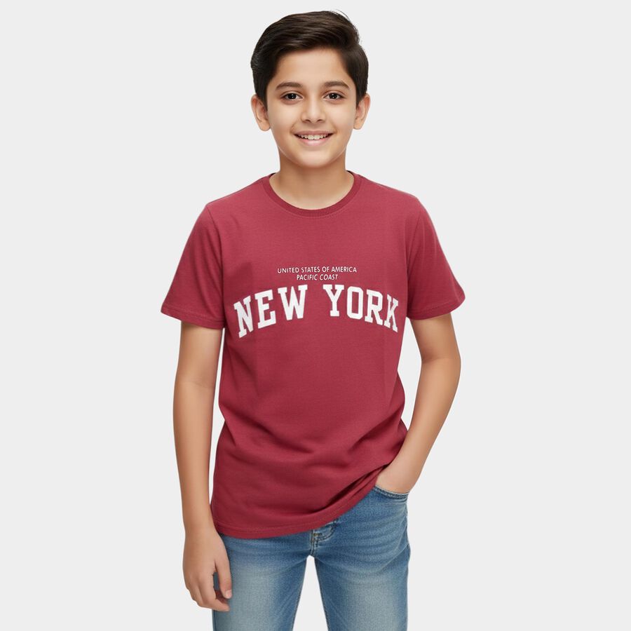 Boys' Pink Round Neck Casual T-Shirt, गुलाबी, large