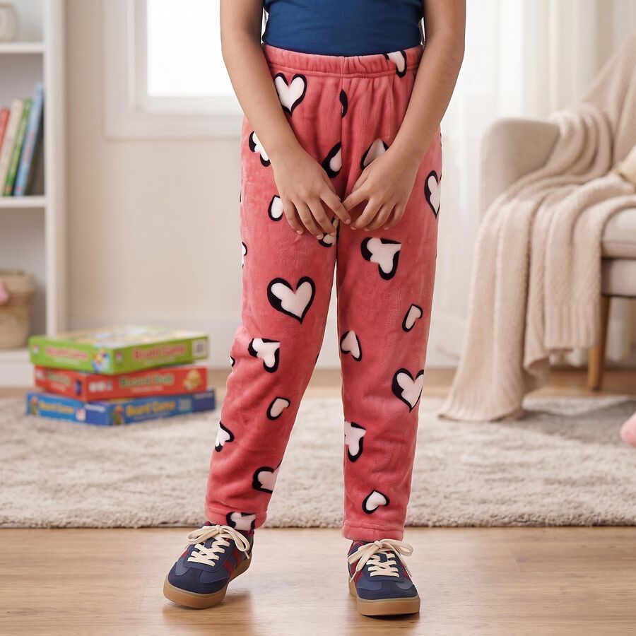 Girls' Pink Regular Fit Heart Print Winter Pyjama, Pink, large