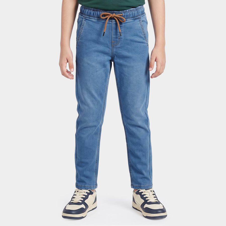 Boys Light Blue Drawstring Waist Jeans, मध्यम नीला, large
