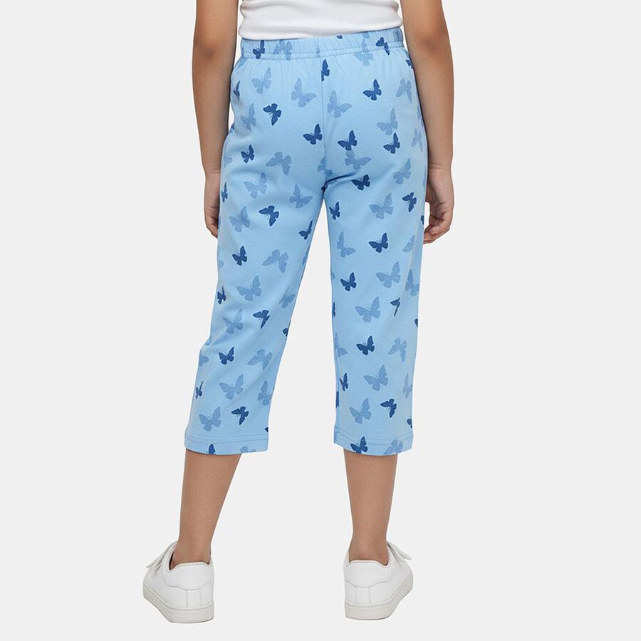 Girls' Light Blue Regular Fit Printed Elastic Waist Capri, हल्का नीला, large