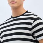 Men's Black and White Round Neck Striped T-Shirt, Off White, small
