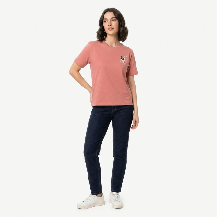 Women's Pink Cotton Round Neck Regular T-Shirt, गुलाबी, large