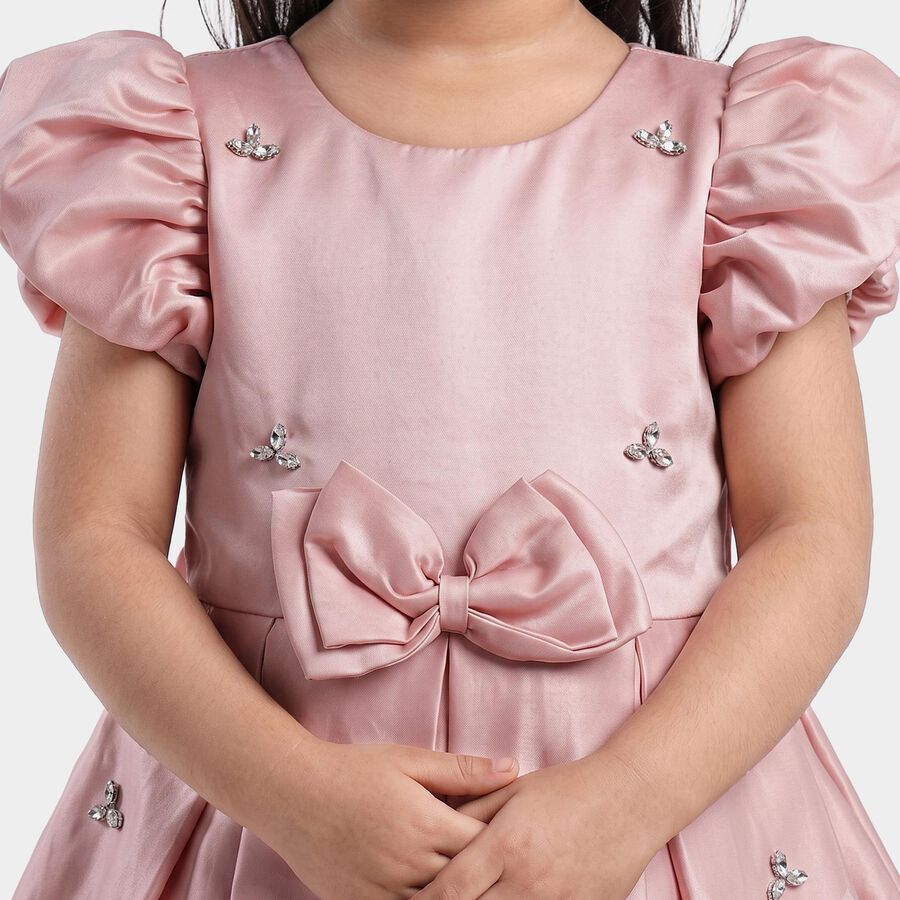 Girls Pink Fit and Flare Embellished Bow Party Wear Frock, Light Pink, large