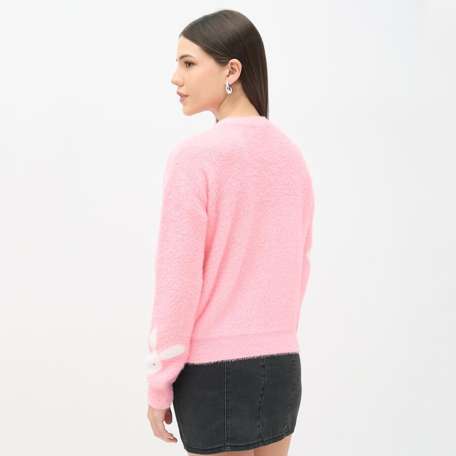 Women's Bright Pink Crew Neck Casual Pullover, Pink, large image number null