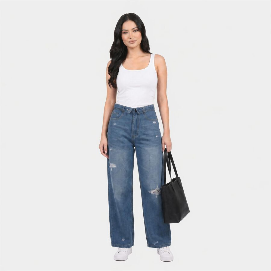 Women's Light Blue Straight Fit Distressed Jeans, हल्का नीला, large