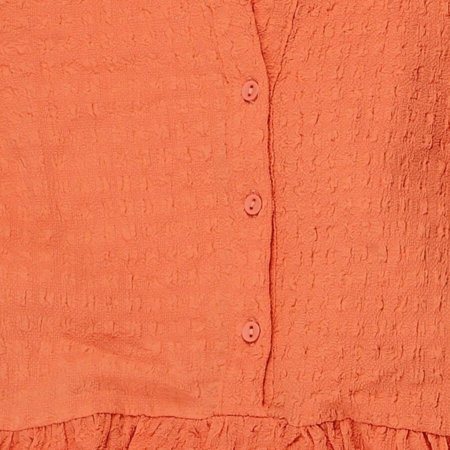 Girls' Orange Round Neck Textured Fit and Flare Dress, Orange, large