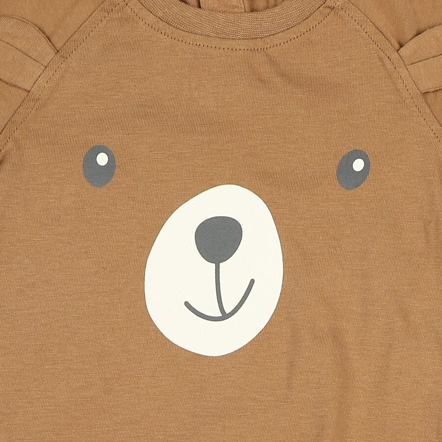 Infants' Beige 100% Cotton Round Neck Bear Print Baba Suit, Beige, large