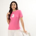 Women's Bright Fuchsia Pink Cotton Round Neck Casual T-Shirt, रानी (फ्यूशिया), small