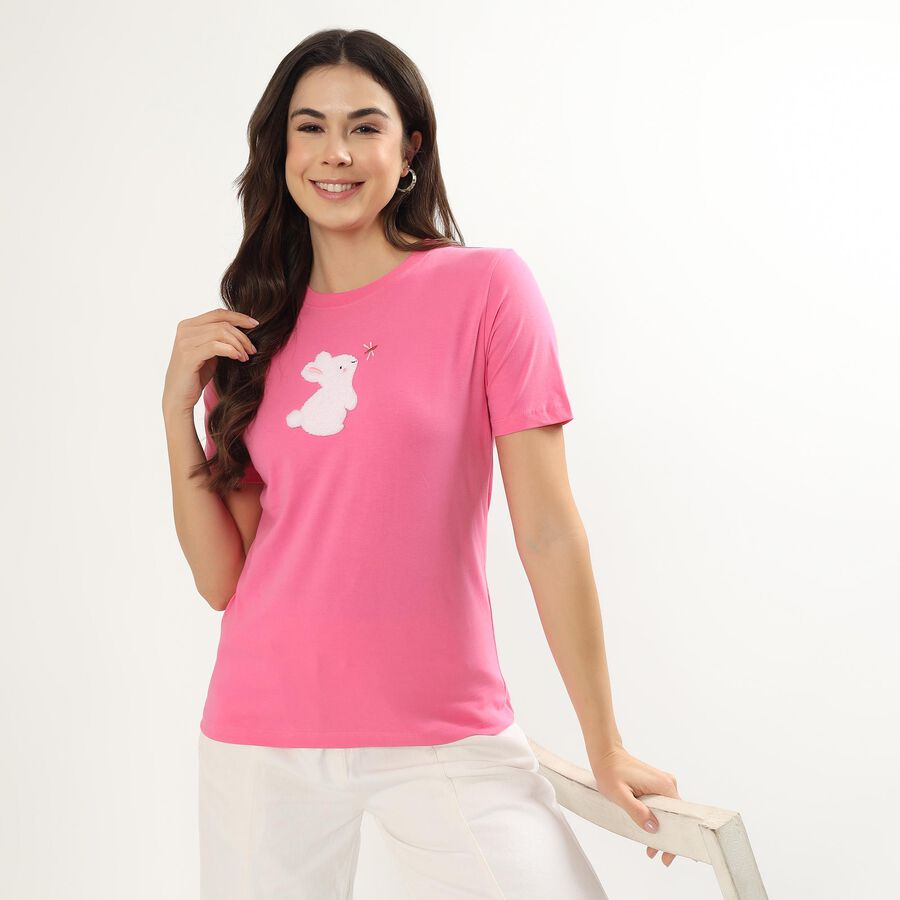 Women's Bright Fuchsia Pink Cotton Round Neck Casual T-Shirt, रानी (फ्यूशिया), large