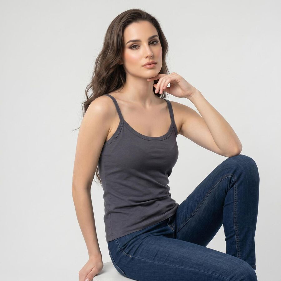 Women's Dark Grey Cotton Scoop Neck Camisole Slip, गहरा ग्रे, large
