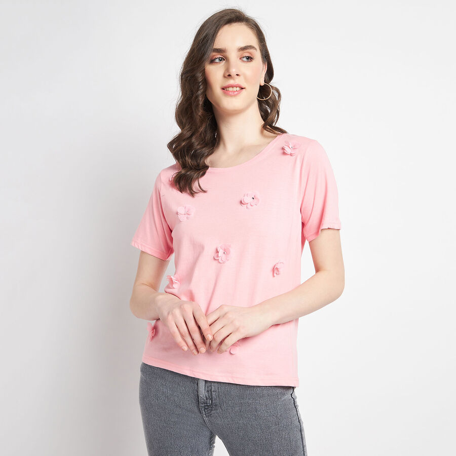Cotton Round Neck T-Shirt, Pink, large image number null