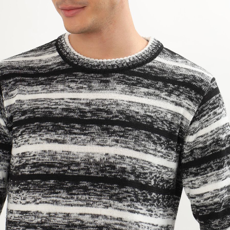 Men's Black and White Crew Neck Casual Pullover, काला, large image number null