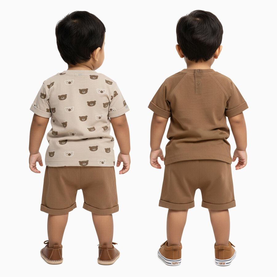 Infants' Beige and Brown Cotton Round Neck Printed Baba Suit, गहरा पीला, large image number null