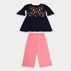 Girls' Deep Midnight Navy Blue Cotton Embroidered Top and Pink Pants Fusion Set, नेवी ब्लू, small image number null