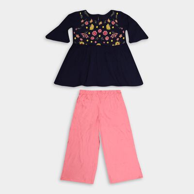 Girls' Deep Midnight Navy Blue Cotton Embroidered Top and Pink Pants Fusion Set