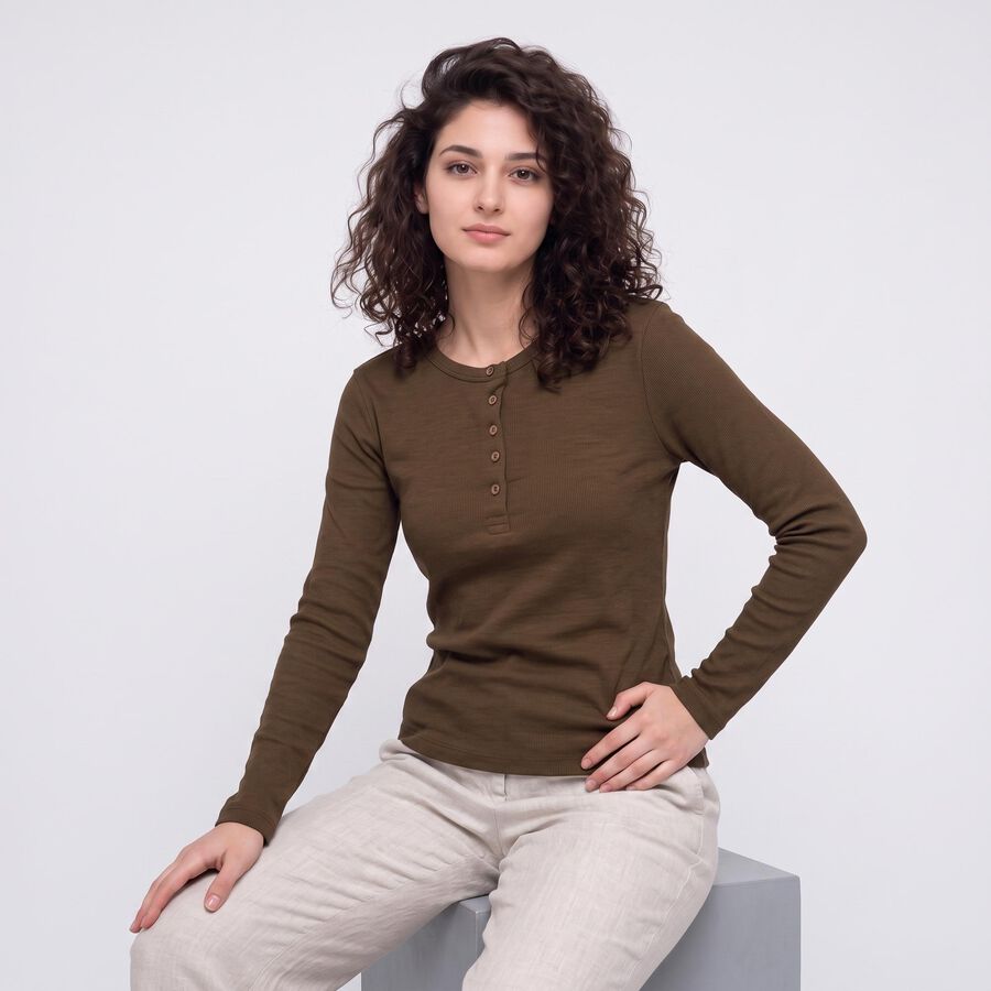 Women Olive Green Cotton Blend Round Neck Regular Top, ओलिव, large