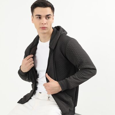 Men's Dark Charcoal Grey Hooded Neck Casual Sweatshirt