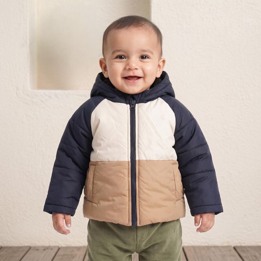 Infants Beige Hooded Puffer Jacket, गहरा पीला, large