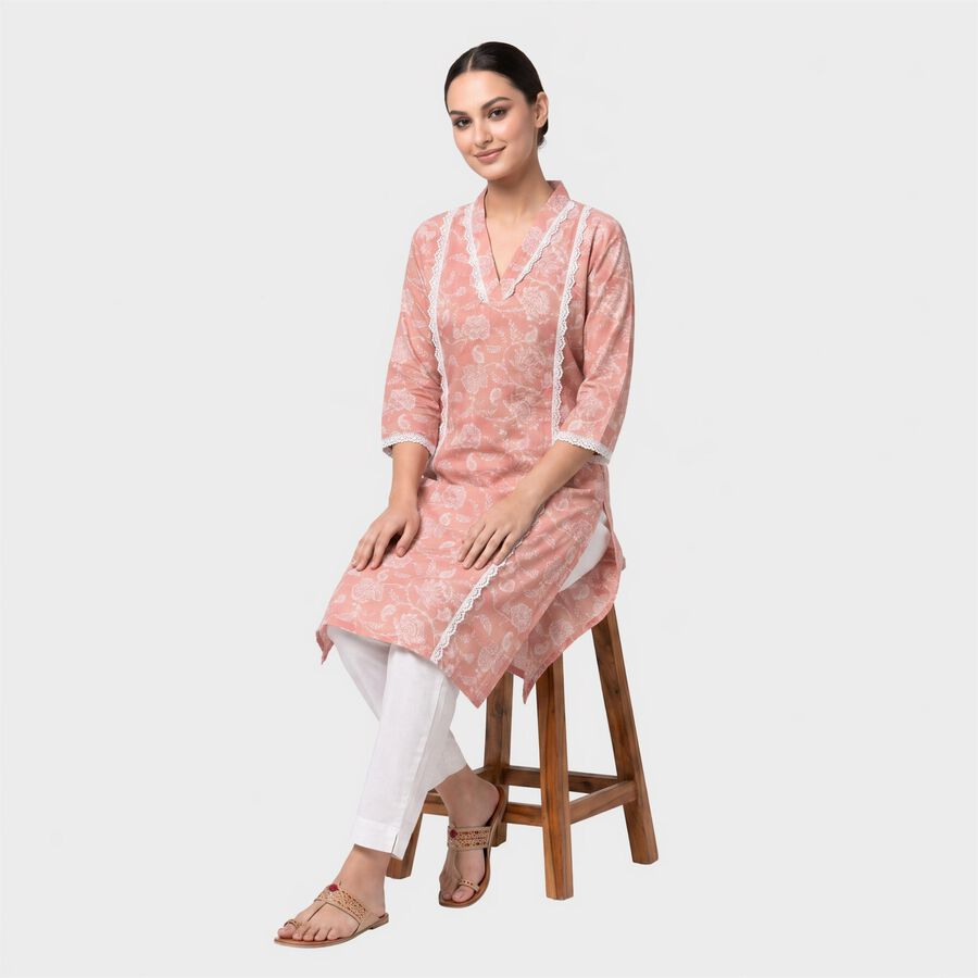 Women's Pink V-Neck Lace Trim Printed Kurta, गुलाबी, large