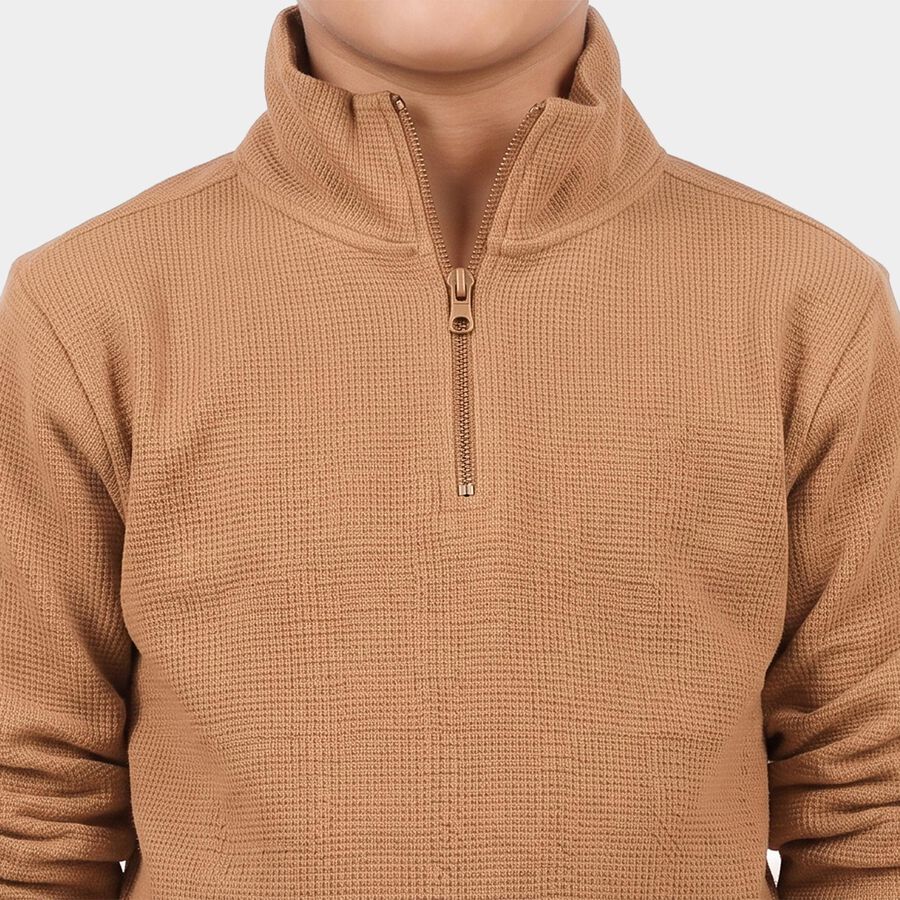Boys Beige Cotton Blend Mock Neck Regular T-Shirt, Beige, large