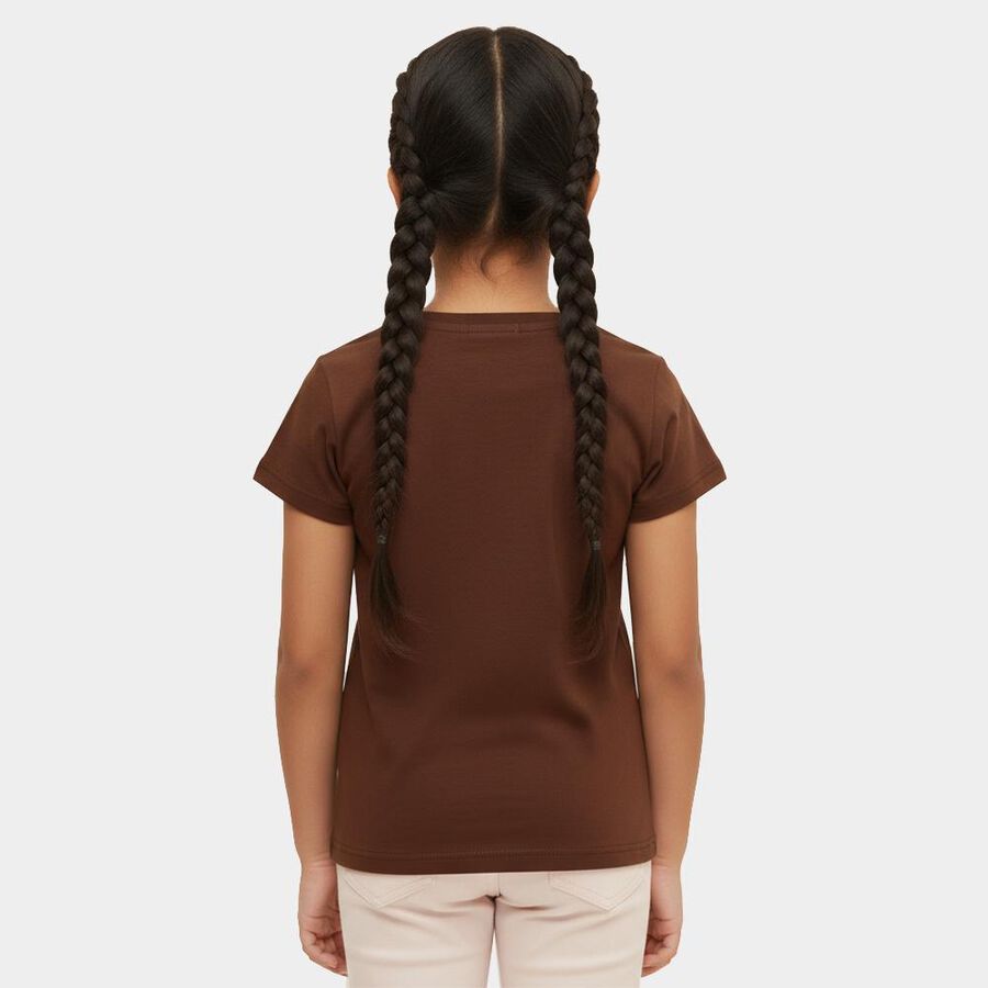 Girls' Rich Brown Cotton Round Neck Casual T-Shirt, भूरा, large