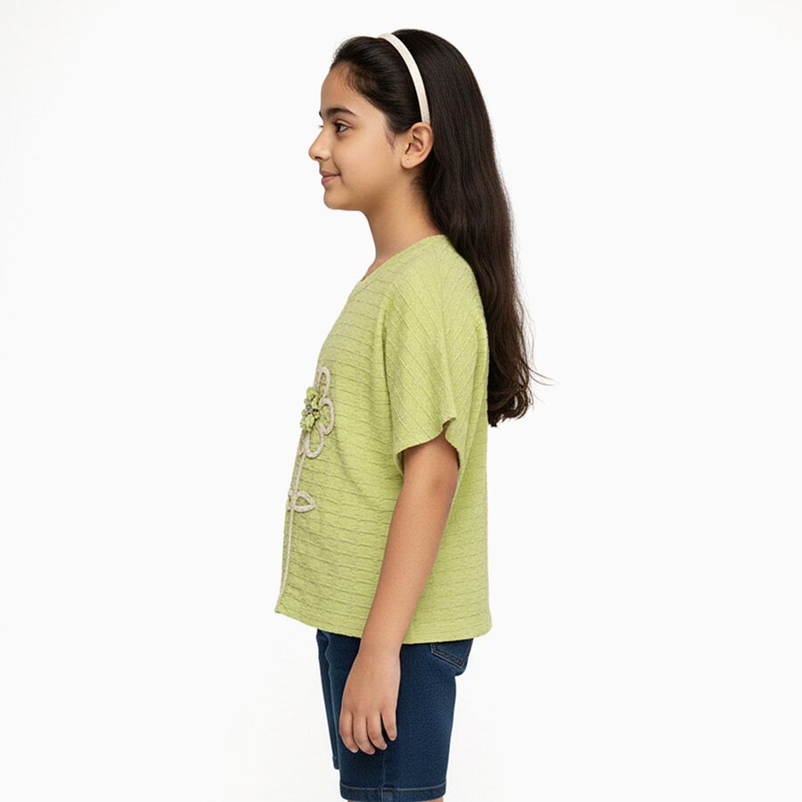 Girls Light Sage Green Round Neck Casual T-Shirt, हल्का हरा, large