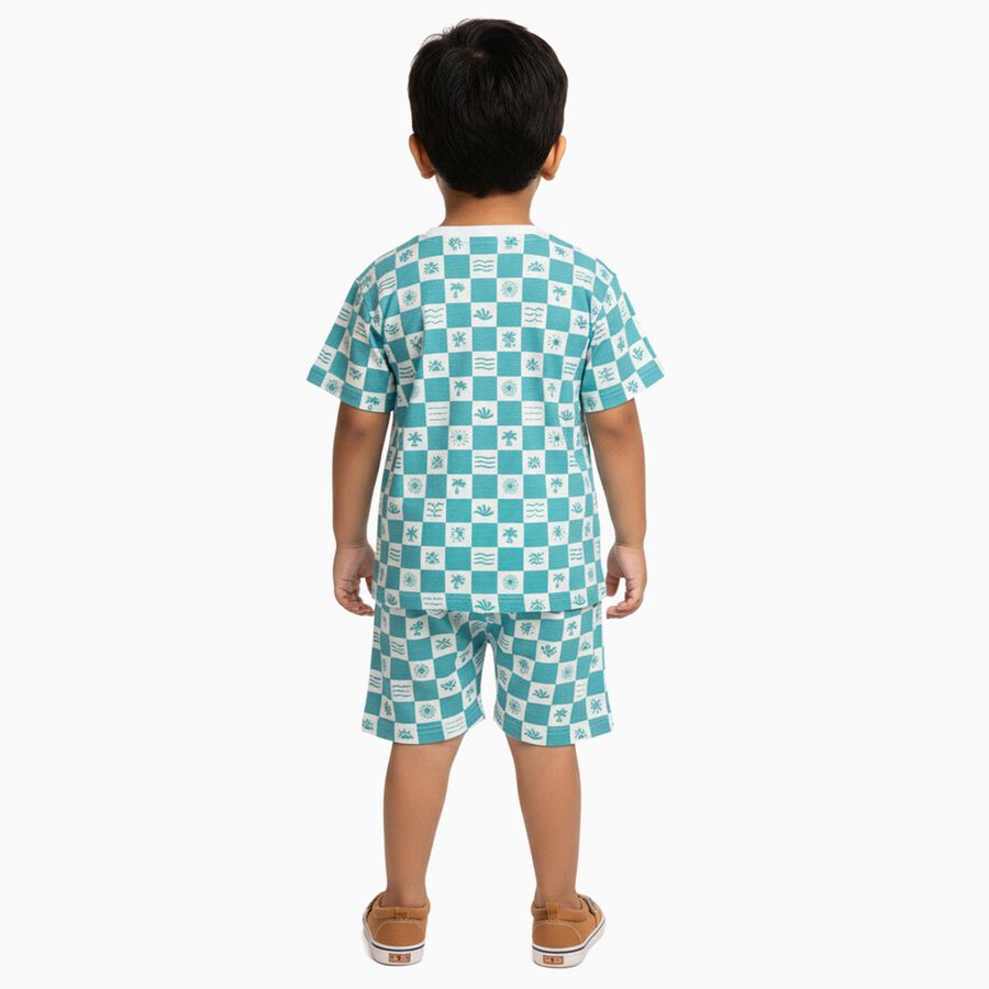 Boys Bright Aqua Blue Cotton Round Neck Geometric Night Suit, एक्वा, large image number null