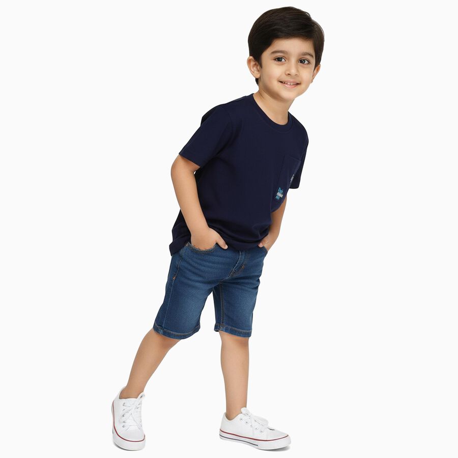 Boys Deep Midnight Navy Blue Cotton Crew Neck Casual T-Shirt, Navy Blue, large image number null