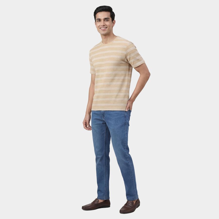 Men's Beige Round Neck Casual T-Shirt, गहरा पीला, large