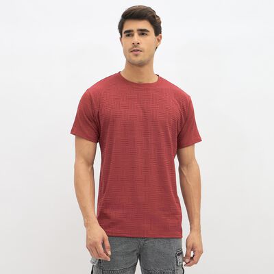 Men's Deep Wine Red Crew Neck Athleisure T-Shirt