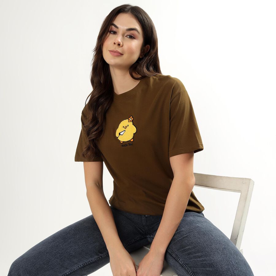 Women's Muted Olive Green Cotton Round Neck Casual T-Shirt, ओलिव, large