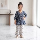 Girls Navy Blue V Neck Fusion Set Upper and Bottom Set, नेवी ब्लू, small