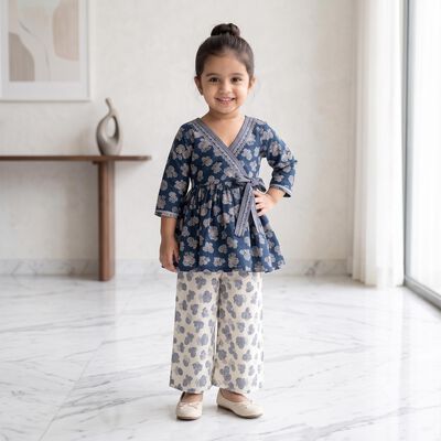 Girls Navy Blue V Neck Fusion Set Upper and Bottom Set
