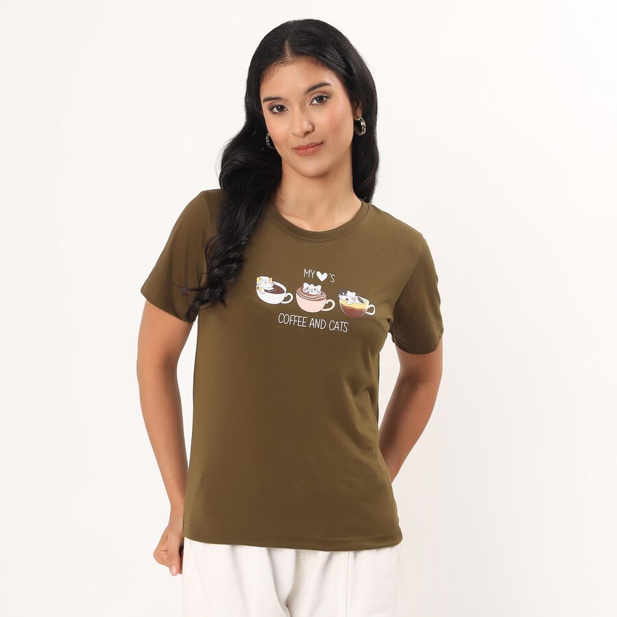 Women's Olive Round Neck Minimalist T-Shirt, Olive, large