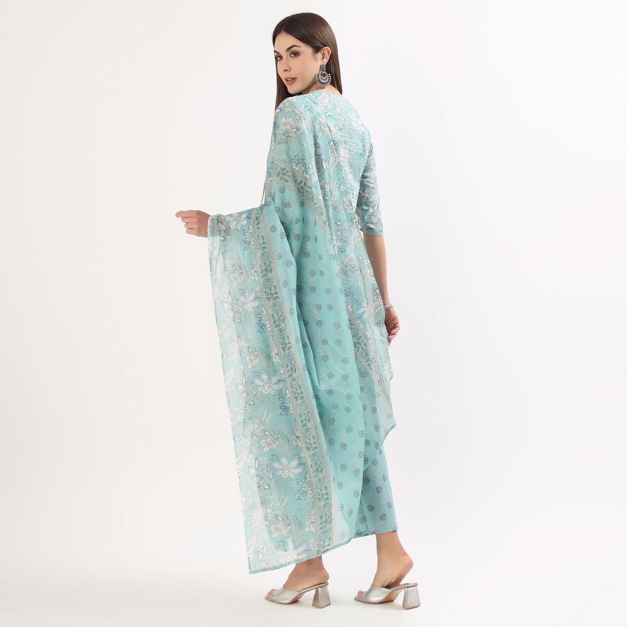 Women's Light Blue Cotton Round Neck Solid Kurta, हल्का नीला, large