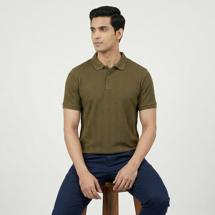 Men's Olive Green Polo Neck Preppy T-Shirt, ओलिव, large