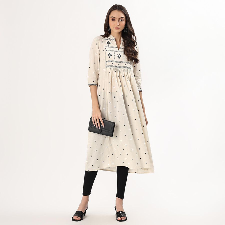 Women's White Mandarin Collar Textured Kurta, ऑफ व्हाइट, large