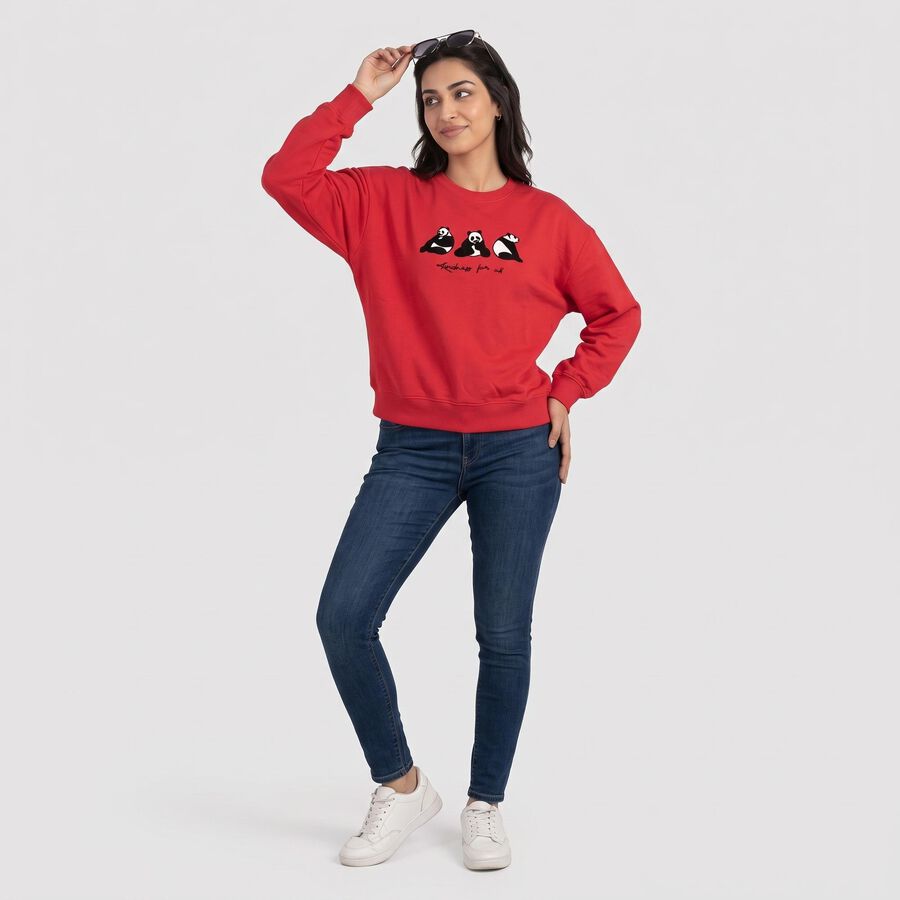 Women's Fuchsia Crew Neck Graphic Print Pullover Sweatshirt, रानी (फ्यूशिया), large