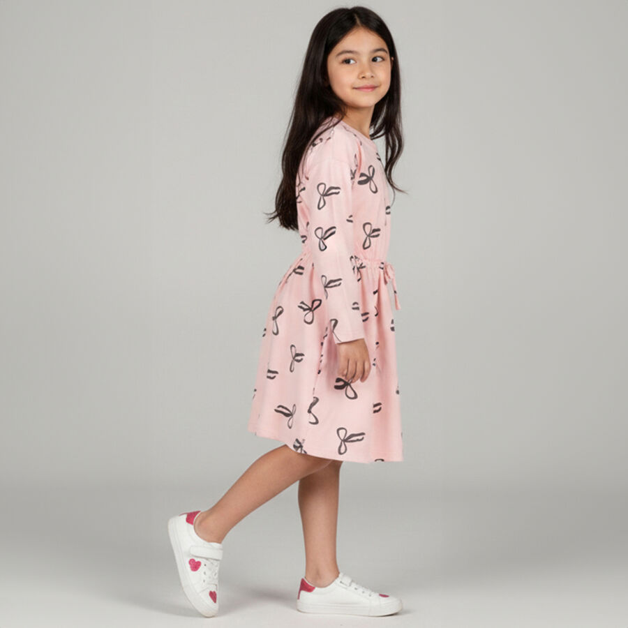 Girls' Soft Pink Bow Print A-Line Frock, Light Pink, large image number null